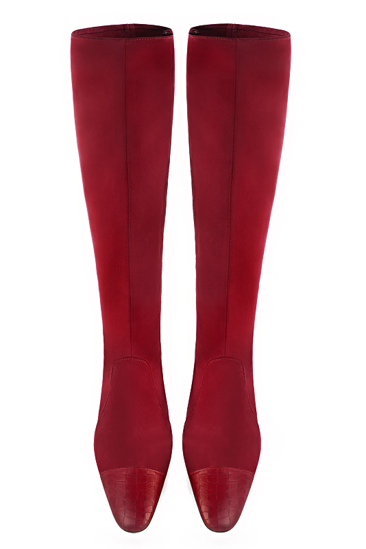 Cardinal red women's feminine knee-high boots. Round toe. High block heels. Made to measure. Top view - Florence KOOIJMAN